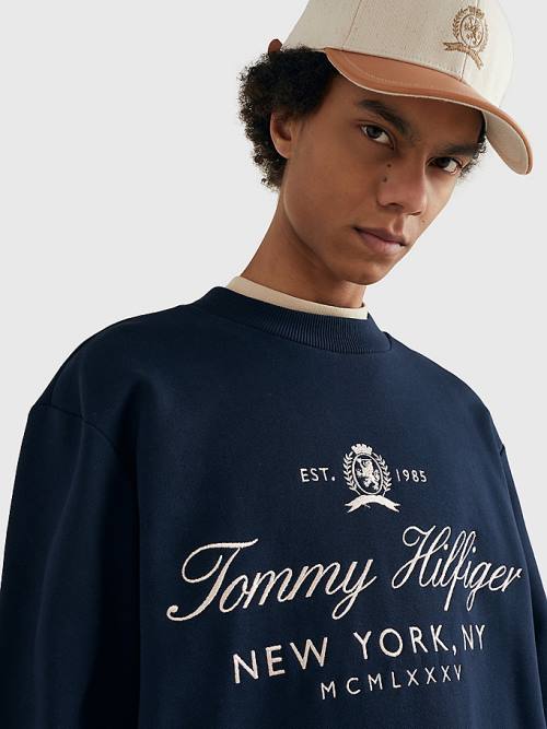 Blue Tommy Hilfiger Prep Crest Organic Cotton Men's Sweatshirts | TH960YJC