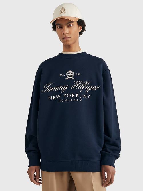 Blue Tommy Hilfiger Prep Crest Organic Cotton Men\'s Sweatshirts | TH960YJC