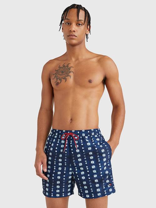 Blue Tommy Hilfiger Print Drawstring Mid Length Shorts Men's Swimwear | TH607EYU