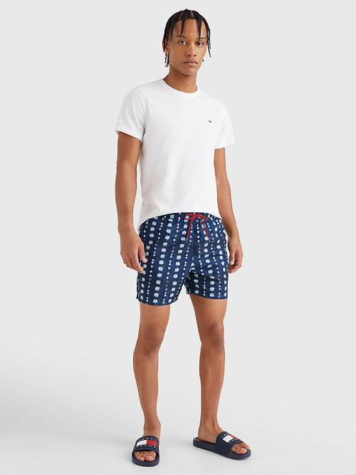 Blue Tommy Hilfiger Print Drawstring Mid Length Shorts Men's Swimwear | TH607EYU