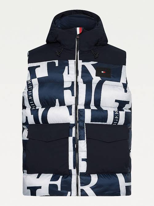 Blue Tommy Hilfiger Print Hooded Puffer Vest Men's Coats | TH413GVU