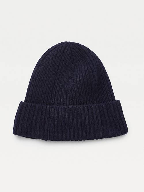 Blue Tommy Hilfiger Pure Cashmere Rib-Knit Beanie Men's Hats | TH209QLV