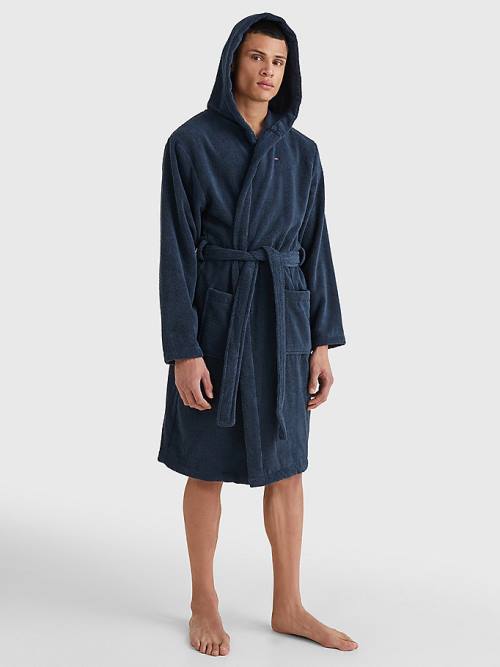 Blue Tommy Hilfiger Pure Cotton Hooded Bathrobe Men's Pyjamas | TH052MYX