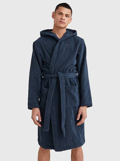 Blue Tommy Hilfiger Pure Cotton Hooded Bathrobe Men\'s Pyjamas | TH052MYX