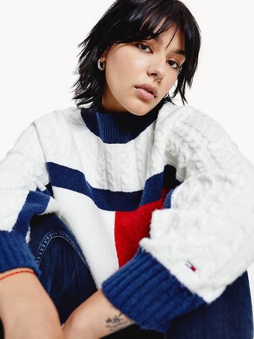 Blue Tommy Hilfiger Recycled Polyester Knit Cropped Flag Jumper Women's Sweaters | TH271KDV