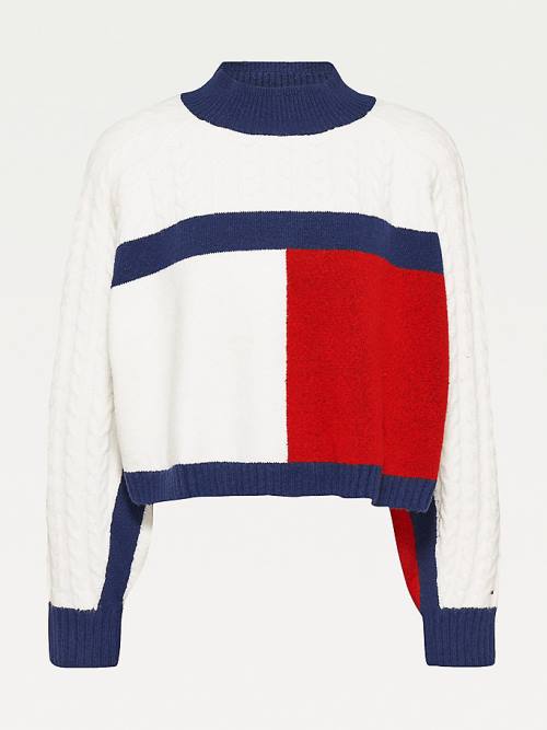 Blue Tommy Hilfiger Recycled Polyester Knit Cropped Flag Jumper Women's Sweaters | TH271KDV