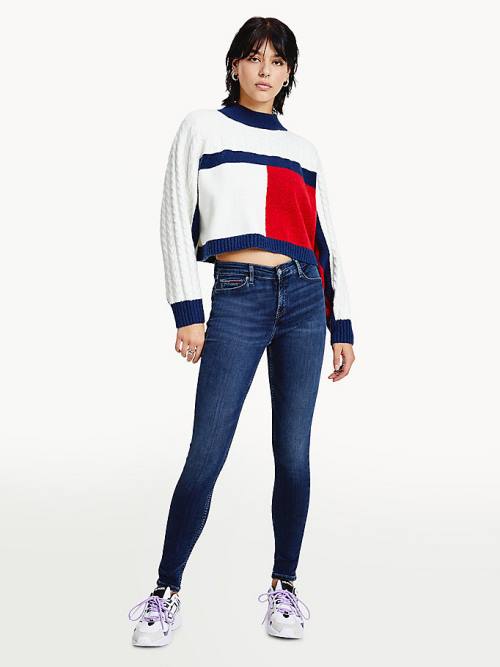 Blue Tommy Hilfiger Recycled Polyester Knit Cropped Flag Jumper Women\'s Sweaters | TH271KDV