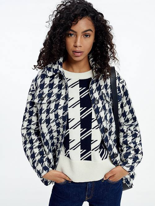 Blue Tommy Hilfiger Recycled Wool Blend Houndstooth Shacket Women\'s Coats | TH938BXZ