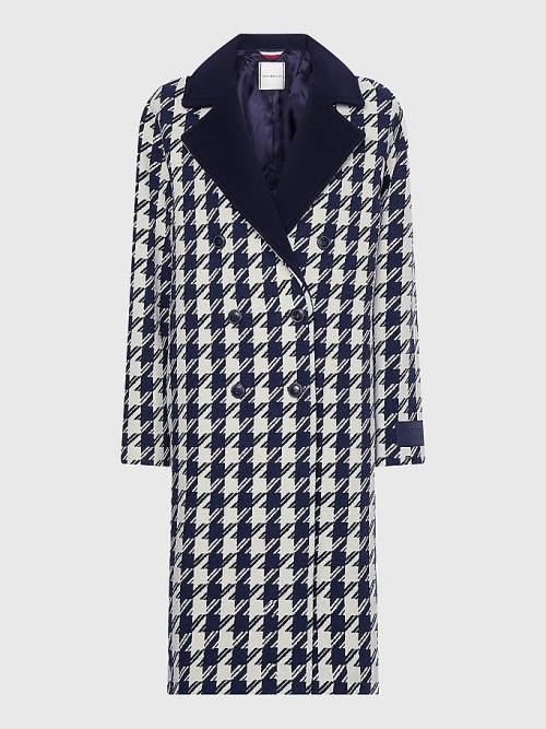 Blue Tommy Hilfiger Recycled Wool Double Breasted Houndstooth Women's Coats | TH168FUB