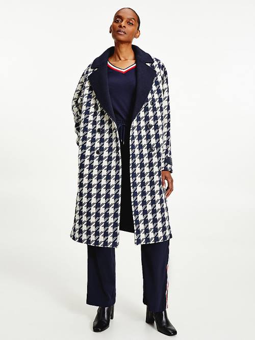 Blue Tommy Hilfiger Recycled Wool Double Breasted Houndstooth Women\'s Coats | TH168FUB