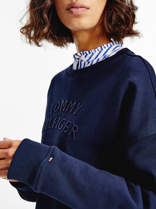 Blue Tommy Hilfiger Relaxed Fit Text Embroidery Women's Sweatshirts | TH024LCZ