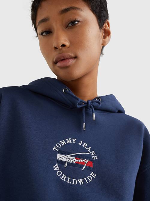 Blue Tommy Hilfiger Relaxed Timeless Signature Logo Women's Hoodie | TH473ASI