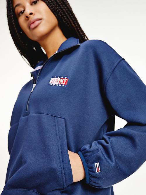 Blue Tommy Hilfiger Relaxed Timeless Tommy Logo Half-Zip Sweatshirt Women's Hoodie | TH462DVT