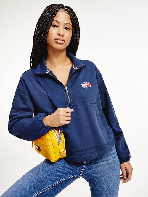 Blue Tommy Hilfiger Relaxed Timeless Tommy Logo Half-Zip Sweatshirt Women\'s Hoodie | TH462DVT