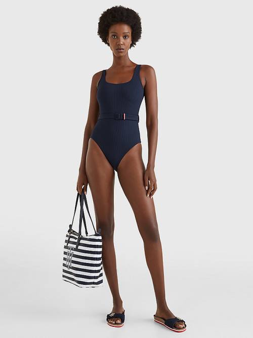 Blue Tommy Hilfiger Ribbed Belted One-Piecesuit Women's Swimwear | TH071ATE