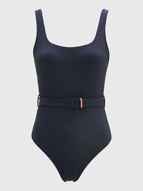 Blue Tommy Hilfiger Ribbed Belted One-Piecesuit Women's Swimwear | TH071ATE