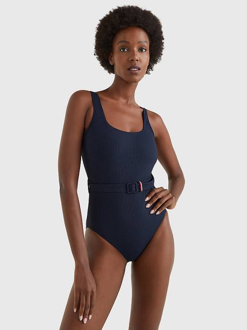 Blue Tommy Hilfiger Ribbed Belted One-Piecesuit Women\'s Swimwear | TH071ATE