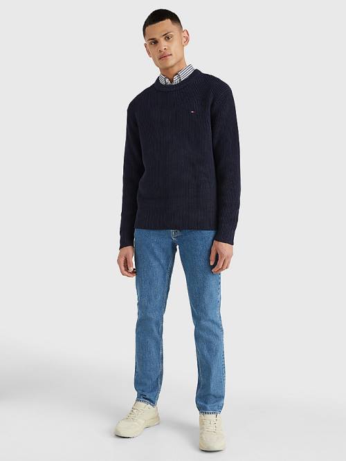 Blue Tommy Hilfiger Ribbed Crew Neck Relaxed Fit Jumper Men's Sweaters | TH780NOD