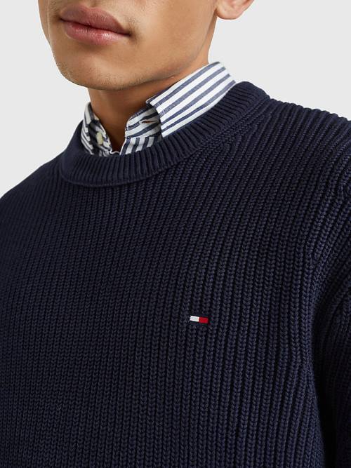 Blue Tommy Hilfiger Ribbed Crew Neck Relaxed Fit Jumper Men's Sweaters | TH780NOD