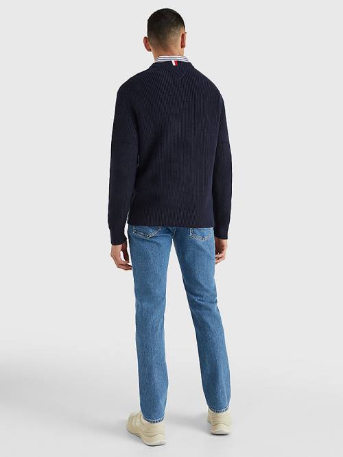 Blue Tommy Hilfiger Ribbed Crew Neck Relaxed Fit Jumper Men's Sweaters | TH780NOD