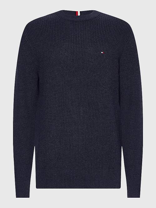 Blue Tommy Hilfiger Ribbed Crew Neck Relaxed Fit Jumper Men's Sweaters | TH780NOD