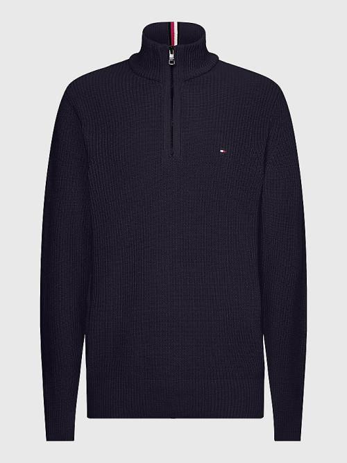 Blue Tommy Hilfiger Ribbed Half-Zip Relaxed Fit Jumper Men's Sweaters | TH602IBH