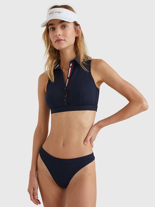 Blue Tommy Hilfiger Ribbed High Leg Bikini Bottoms Women's Swimwear | TH164RNM