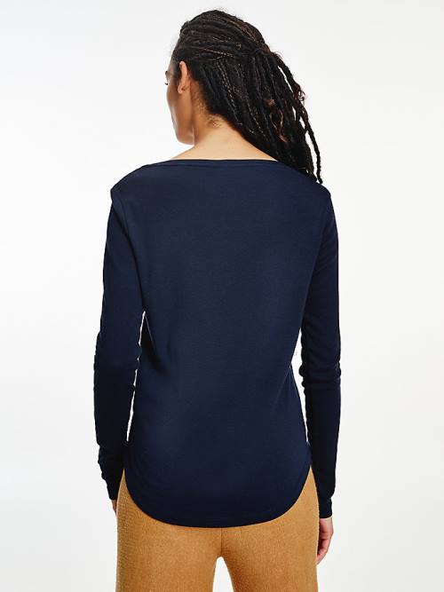 Blue Tommy Hilfiger Ribbed Long Sleeve Slim Fit Women's T Shirts | TH519AUM