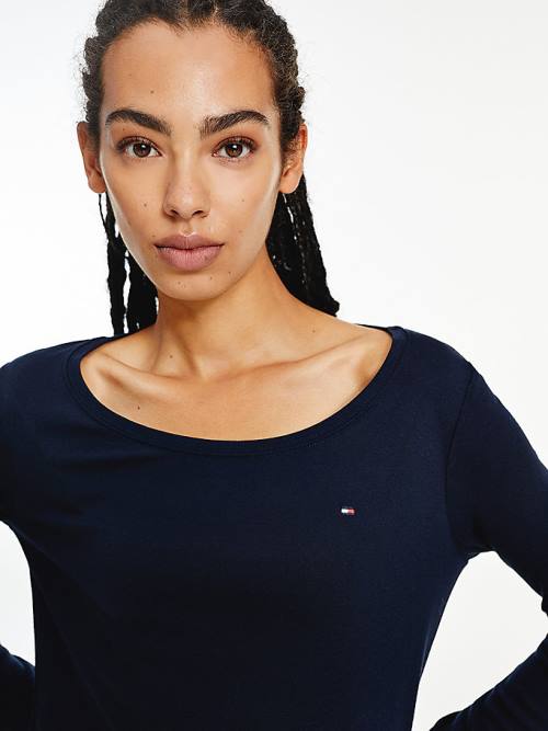 Blue Tommy Hilfiger Ribbed Long Sleeve Slim Fit Women's T Shirts | TH519AUM