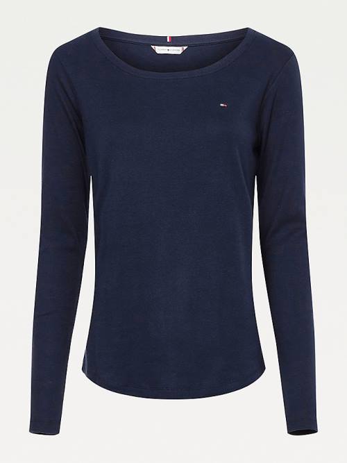 Blue Tommy Hilfiger Ribbed Long Sleeve Slim Fit Women's T Shirts | TH519AUM