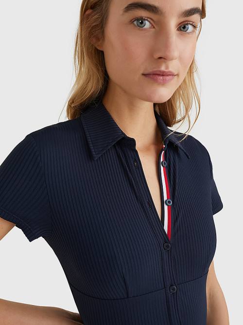 Blue Tommy Hilfiger Ribbed Polo One Piecesuit Women's Swimwear | TH386ZKO