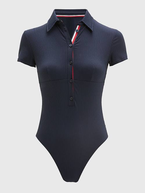 Blue Tommy Hilfiger Ribbed Polo One Piecesuit Women's Swimwear | TH386ZKO