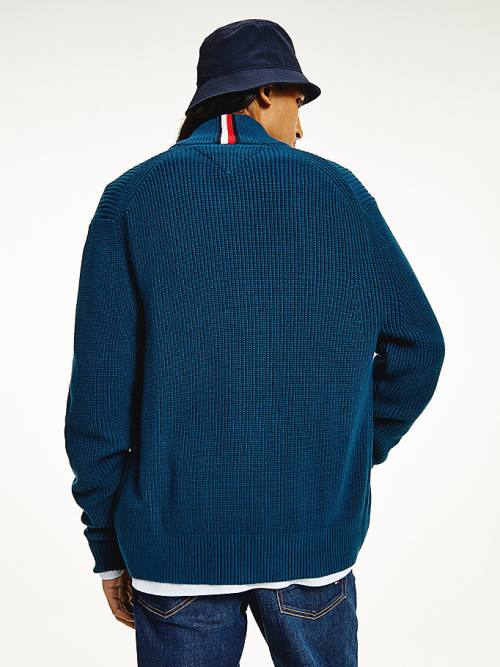 Blue Tommy Hilfiger Ribbed Zip-Thru Relaxed Fit Jumper Men's Sweaters | TH049AIO