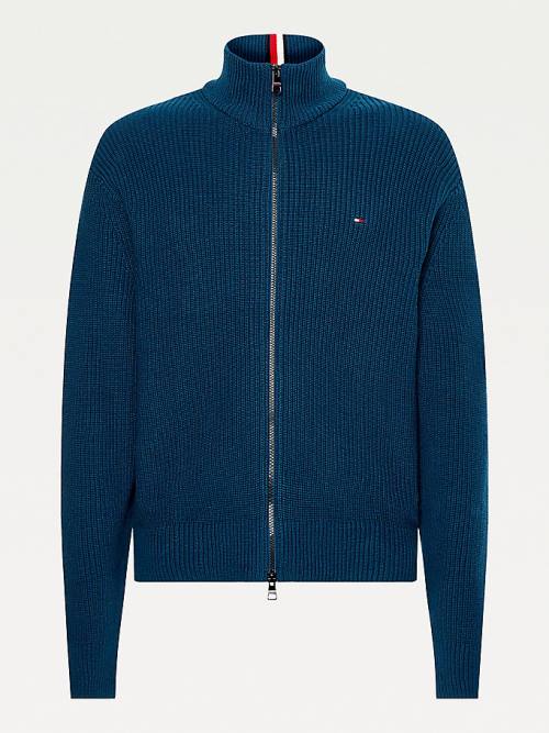 Blue Tommy Hilfiger Ribbed Zip-Thru Relaxed Fit Jumper Men's Sweaters | TH049AIO