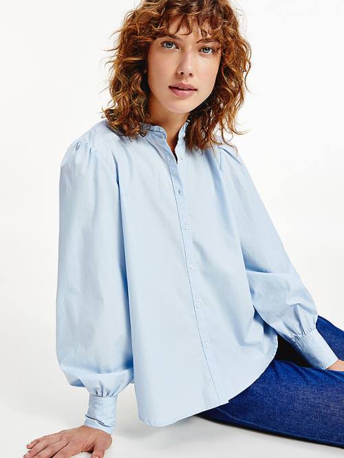 Blue Tommy Hilfiger Ruffled Mandarin Collar Relaxed Fit Women's Blouse | TH274NUI