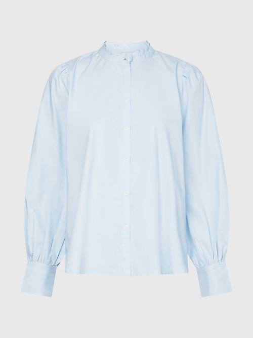 Blue Tommy Hilfiger Ruffled Mandarin Collar Relaxed Fit Women's Blouse | TH274NUI