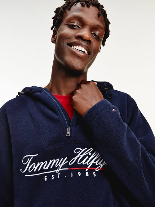 Blue Tommy Hilfiger Script Logo Recycled Fleece Popover Anorak Men's Hoodie | TH065IKW