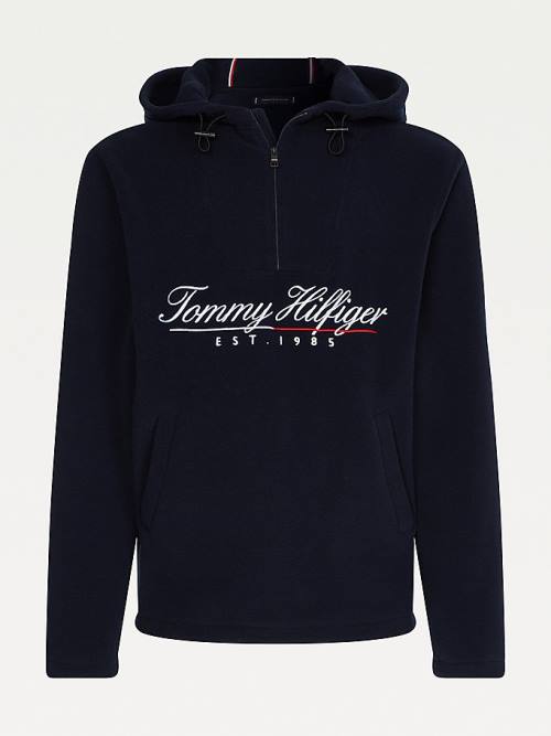 Blue Tommy Hilfiger Script Logo Recycled Fleece Popover Anorak Men's Hoodie | TH065IKW