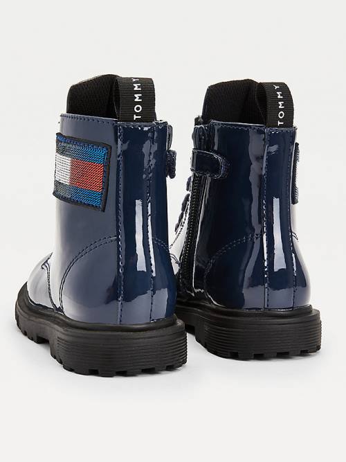 Blue Tommy Hilfiger Sequin Flag Patent Lace-Up Girls' Boots | TH610VPW