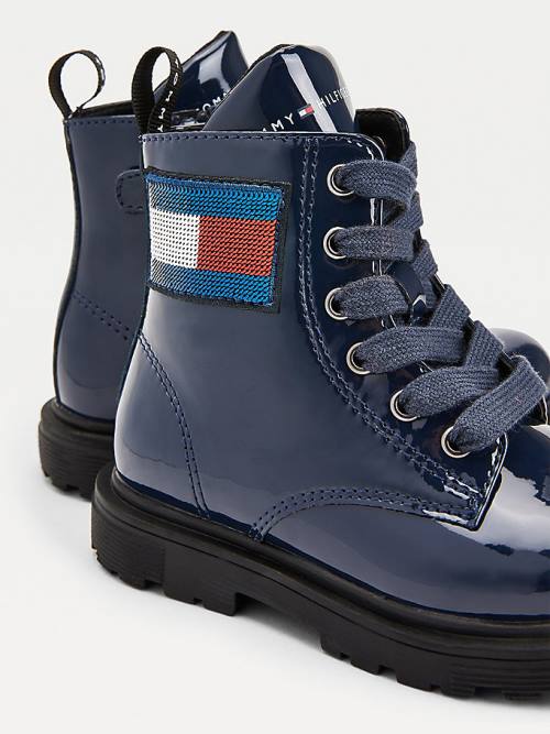 Blue Tommy Hilfiger Sequin Flag Patent Lace-Up Girls' Boots | TH610VPW