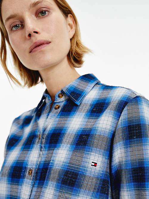 Blue Tommy Hilfiger Shadow Check Relaxed Fit Women's Shirts | TH098AFU