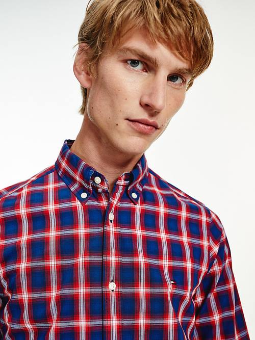 Blue Tommy Hilfiger Shadow Check Slim Fit Men's Shirts | TH728PDJ