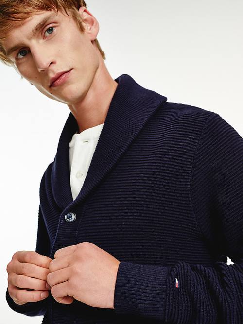 Blue Tommy Hilfiger Shawl Collar Rib-Knit Cardigan Men's Sweaters | TH746UMK