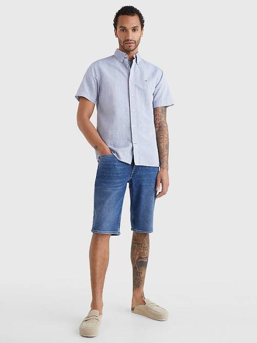 Blue Tommy Hilfiger Short Sleeve Tapered Regular Fit Men's Shirts | TH970EOZ