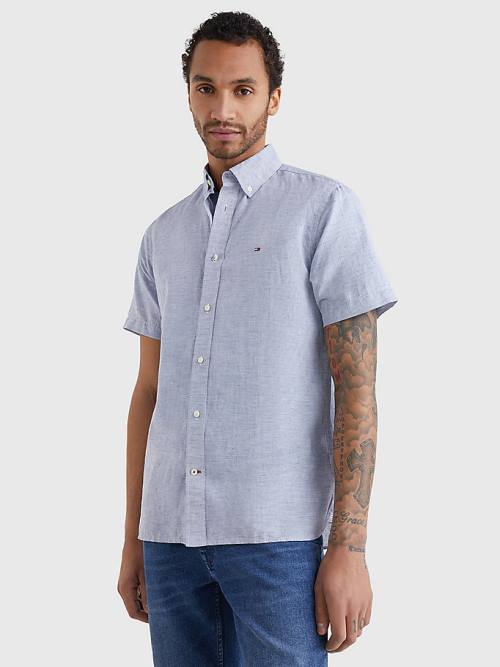 Blue Tommy Hilfiger Short Sleeve Tapered Regular Fit Men's Shirts | TH970EOZ