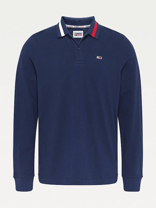 Blue Tommy Hilfiger Signature Collar Regular Long Sleeve Men's Polo Shirts | TH568HOQ