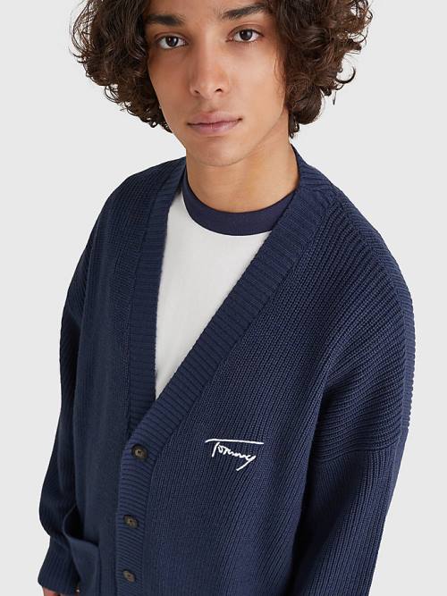 Blue Tommy Hilfiger Signature Embroidery V-Neck Knitted Cardigan Men's Sweaters | TH263DTV