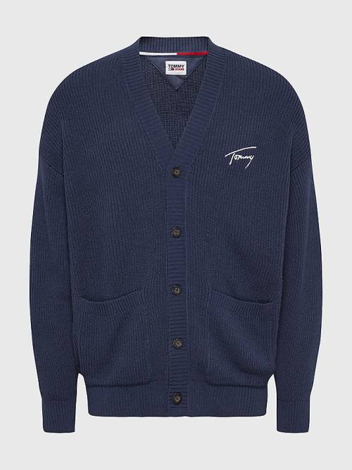 Blue Tommy Hilfiger Signature Embroidery V-Neck Knitted Cardigan Men's Sweaters | TH263DTV