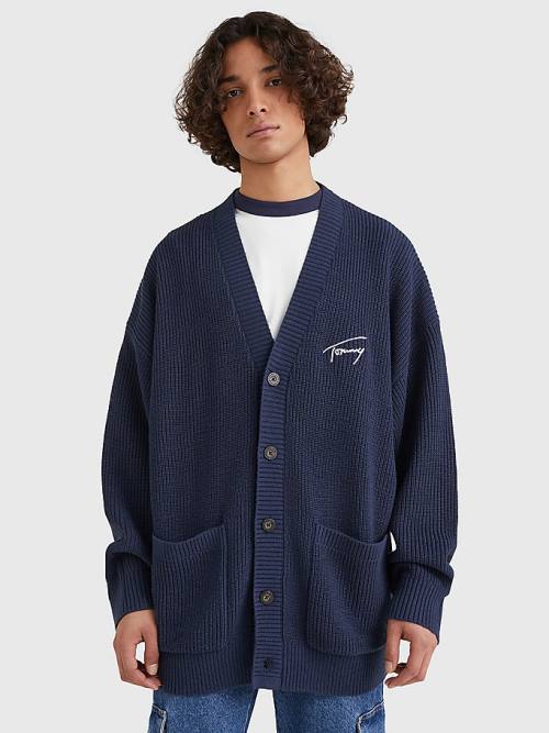 Blue Tommy Hilfiger Signature Embroidery V-Neck Knitted Cardigan Men\'s Sweaters | TH263DTV