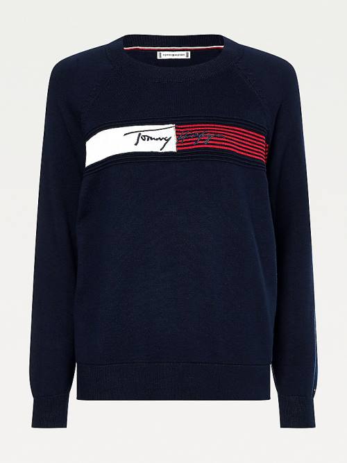 Blue Tommy Hilfiger Signature Embroidery Organic Cotton Jumper Women's Sweaters | TH724RYO